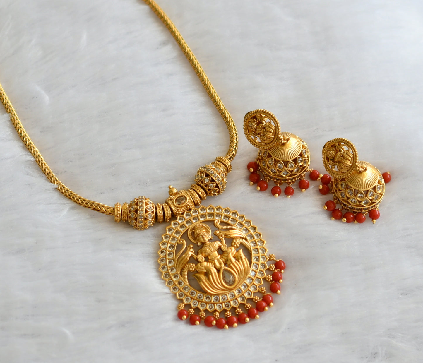 Matte finish coral  bead white stone lakshmi necklace set dj-46393