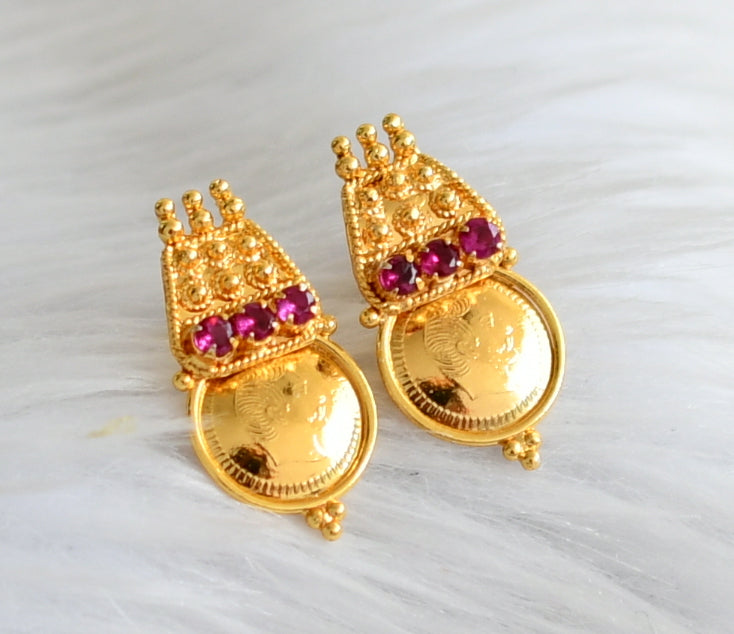 Gold tone pink stone head coin earrings dj-44607