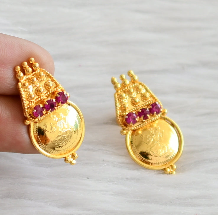 Gold tone pink stone lakshmi coin stud/earrings dj-44608