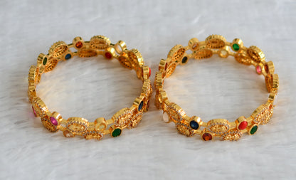 Gold tone cz-navarthna oval stone lakshmi set of 4 bangles(2.6) dj-49964
