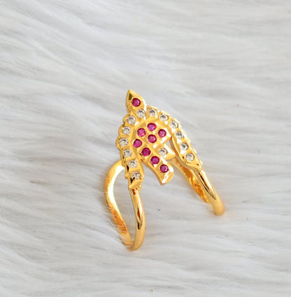 Gold tone pink-white stone ad south indian shanku vanki finger ring dj-44604