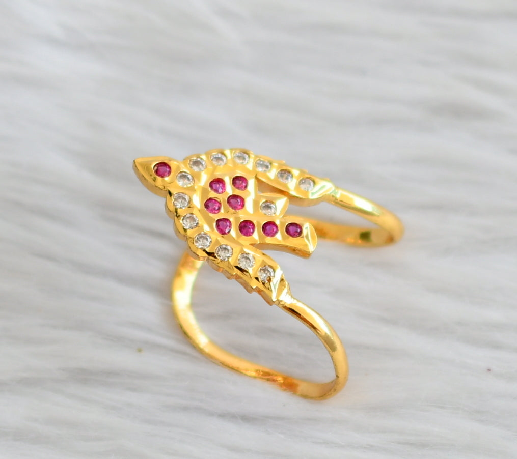 Gold tone pink-white stone ad south indian shanku vanki finger ring dj-44604