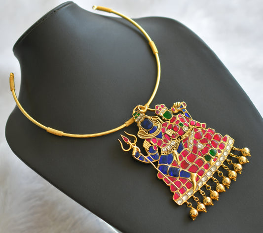 Gold tone pink-green-white-blue big shiva-parvathi hasli necklace dj-46390