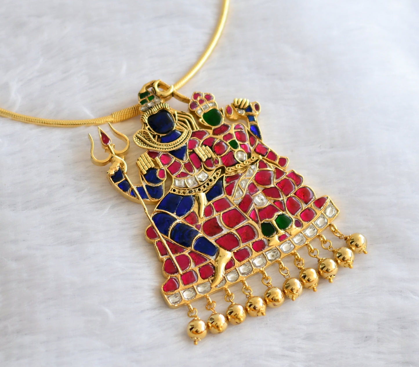 Gold tone pink-green-white-blue big shiva-parvathi hasli necklace dj-46390