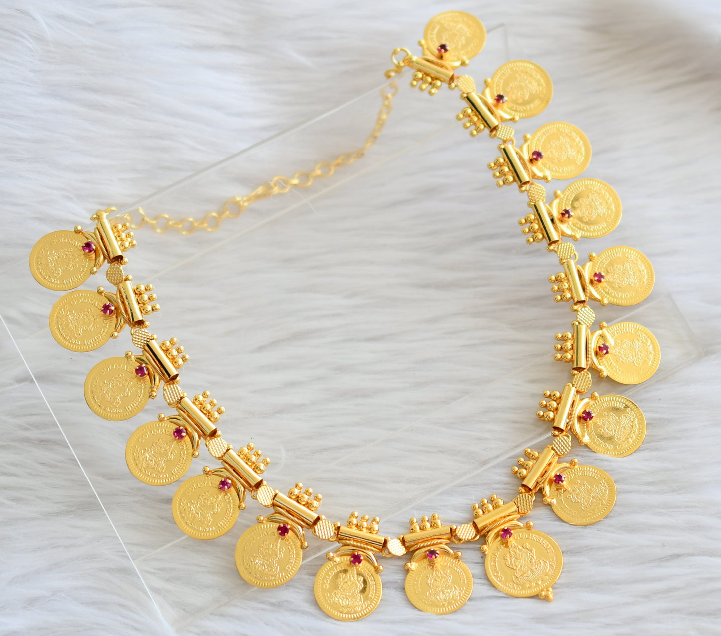 Gold tone pink stone kerala style lakshmi coin necklace dj-44589