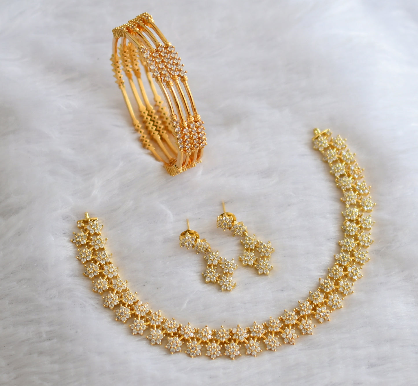 Gold tone cz white flower combo necklace set dj-46403