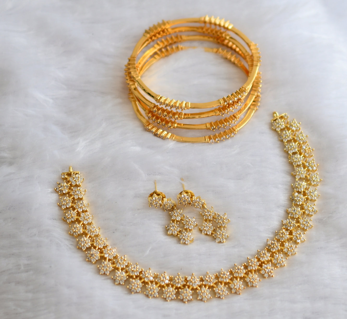 Gold tone cz white flower combo necklace set dj-46403