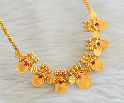 Gold tone ruby stone kerala style lakshmi coin necklace dj-44590