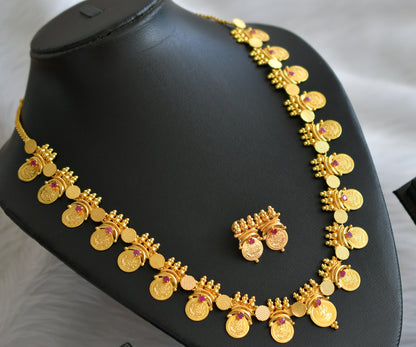 Gold tone ruby stone lakshmi coin necklace set dj-44588