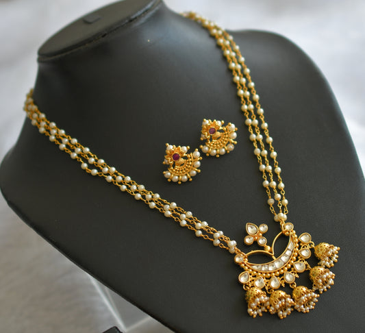 Gold tone pearl white kundan jadau necklace set dj-46397