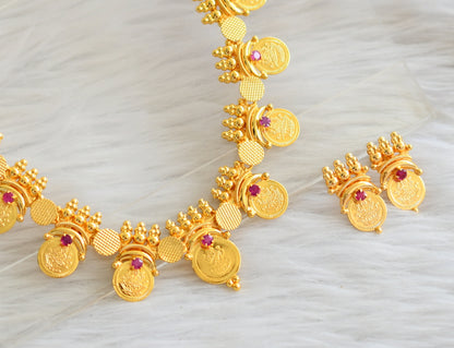 Gold tone ruby stone lakshmi coin necklace set dj-44588