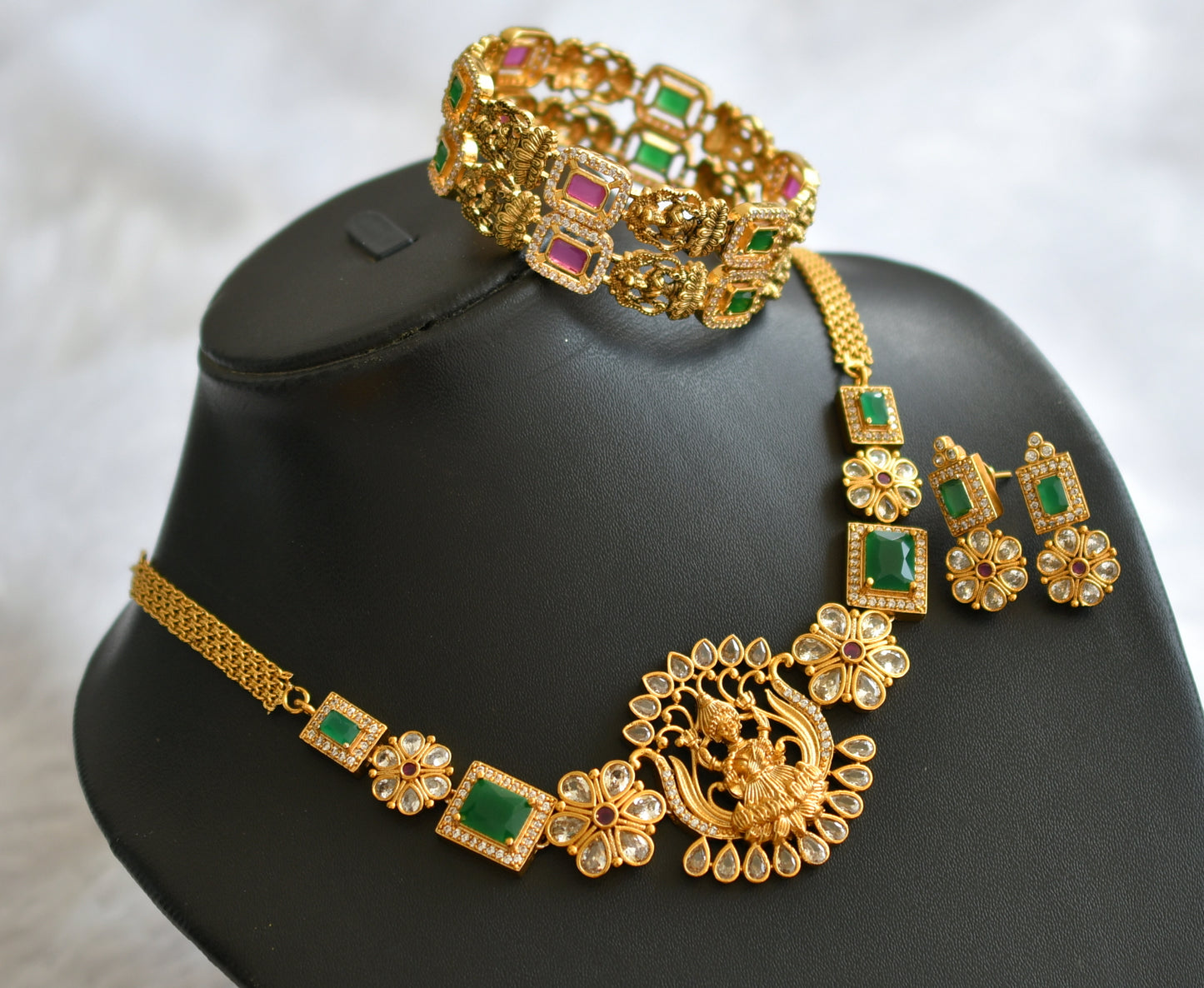 Matte finish ruby-green-white block stone lakshmi necklace combo set dj-46406