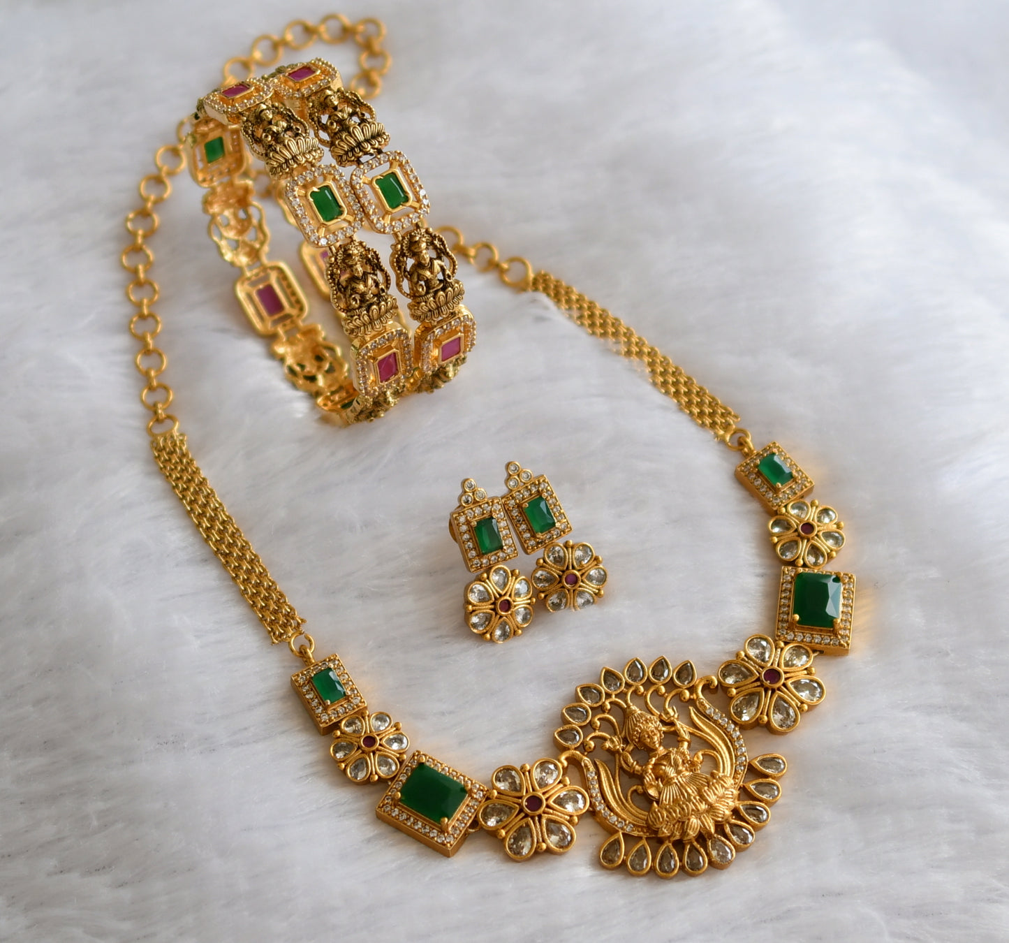 Matte finish ruby-green-white block stone lakshmi necklace combo set dj-46406