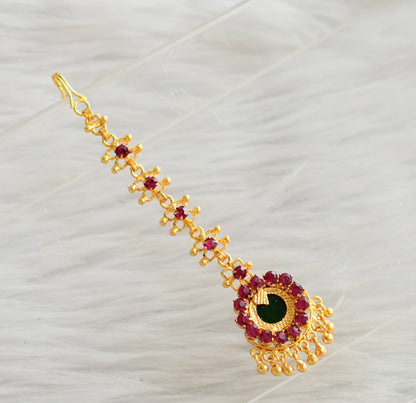 Gold tone pink-green kerala style round tikka dj-44615