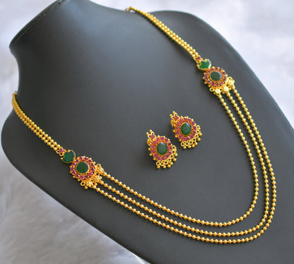 Gold tone kerala style pink-green round palakka multi layer mugappu chain set dj-46407