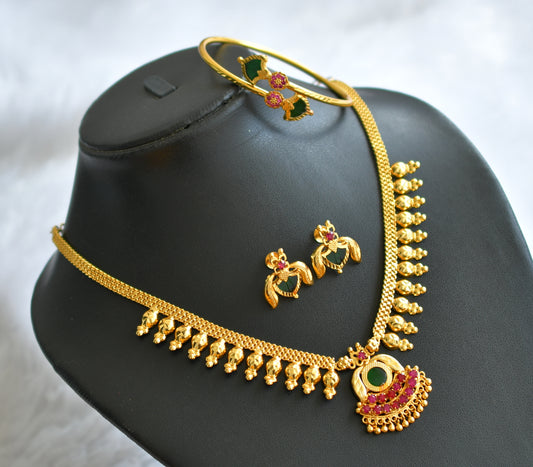 Gold tone kerala style pink-green combo necklace set dj-46404
