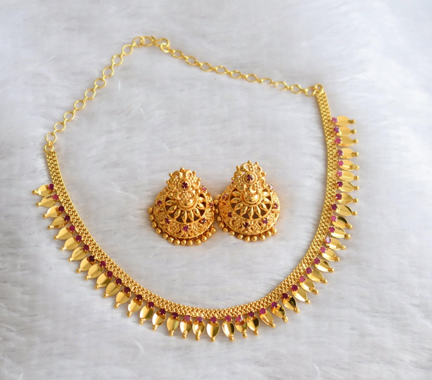 Gold tone kerala style ruby thali kootam necklace set dj-46399