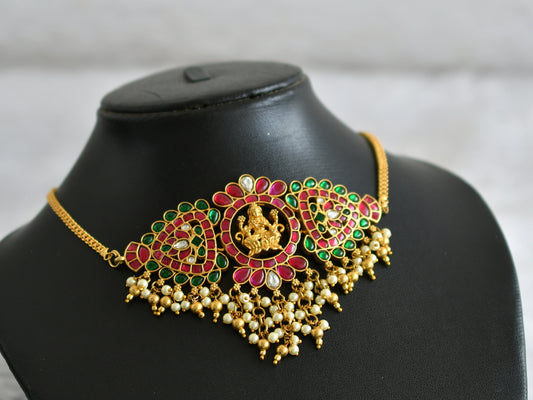 Gold tone pink-green-white kundan jadau pearl cluster lakshmi choker necklace dj-48392