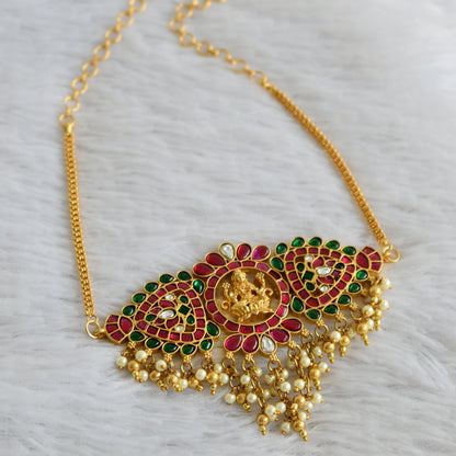 Gold tone pink-green-white kundan jadau pearl cluster lakshmi choker necklace dj-48392