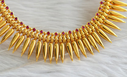 Gold tone pink stone kerala style mulla mottu necklace dj-44596