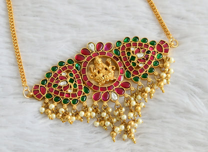 Gold tone pink-green-white kundan jadau pearl cluster lakshmi choker necklace dj-48392