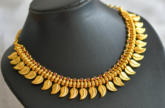 Gold tone pink stone kerala style mango leaf necklace dj-44598