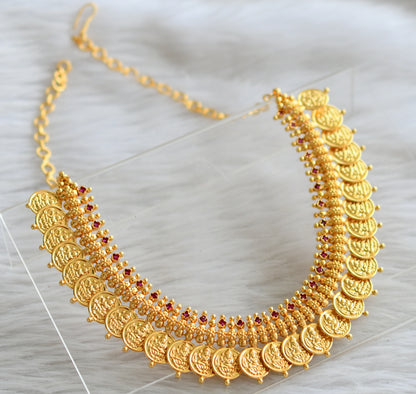 Gold tone pink stone kerala style lakshmi coin necklace dj-44591