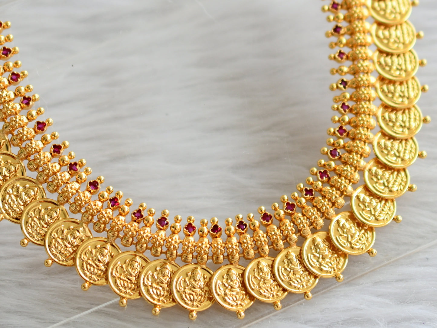 Gold tone pink stone kerala style lakshmi coin necklace dj-44591