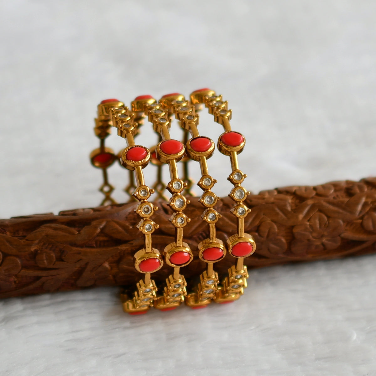 Antique gold tone cz-coral oval stone set of 4 bangles(2.10) dj-49991