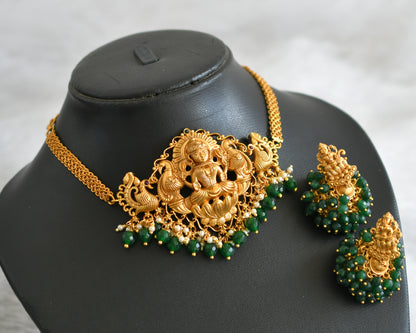 Matte finish pearl-green beaded lakshmi peacock choker necklace set dj-48398