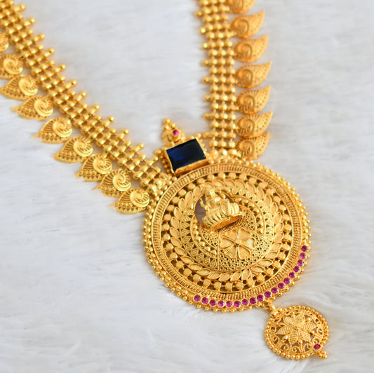 Gold tone kerala style pink-blue block stone lakshmi mango haar dj-50019