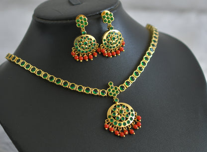 Gold tone coral-bottle green south indian style attigai necklace set dj-48390