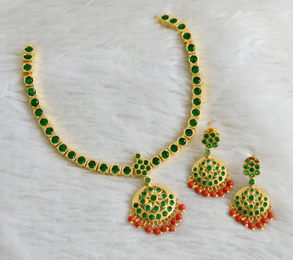 Gold tone coral-bottle green south indian style attigai necklace set dj-48390