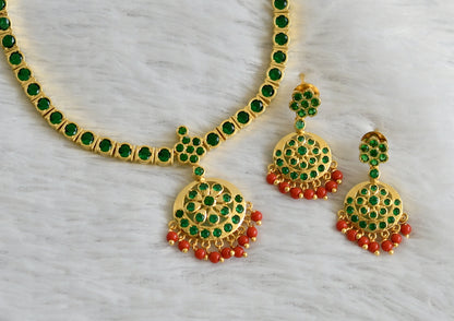 Gold tone coral-bottle green south indian style attigai necklace set dj-48390