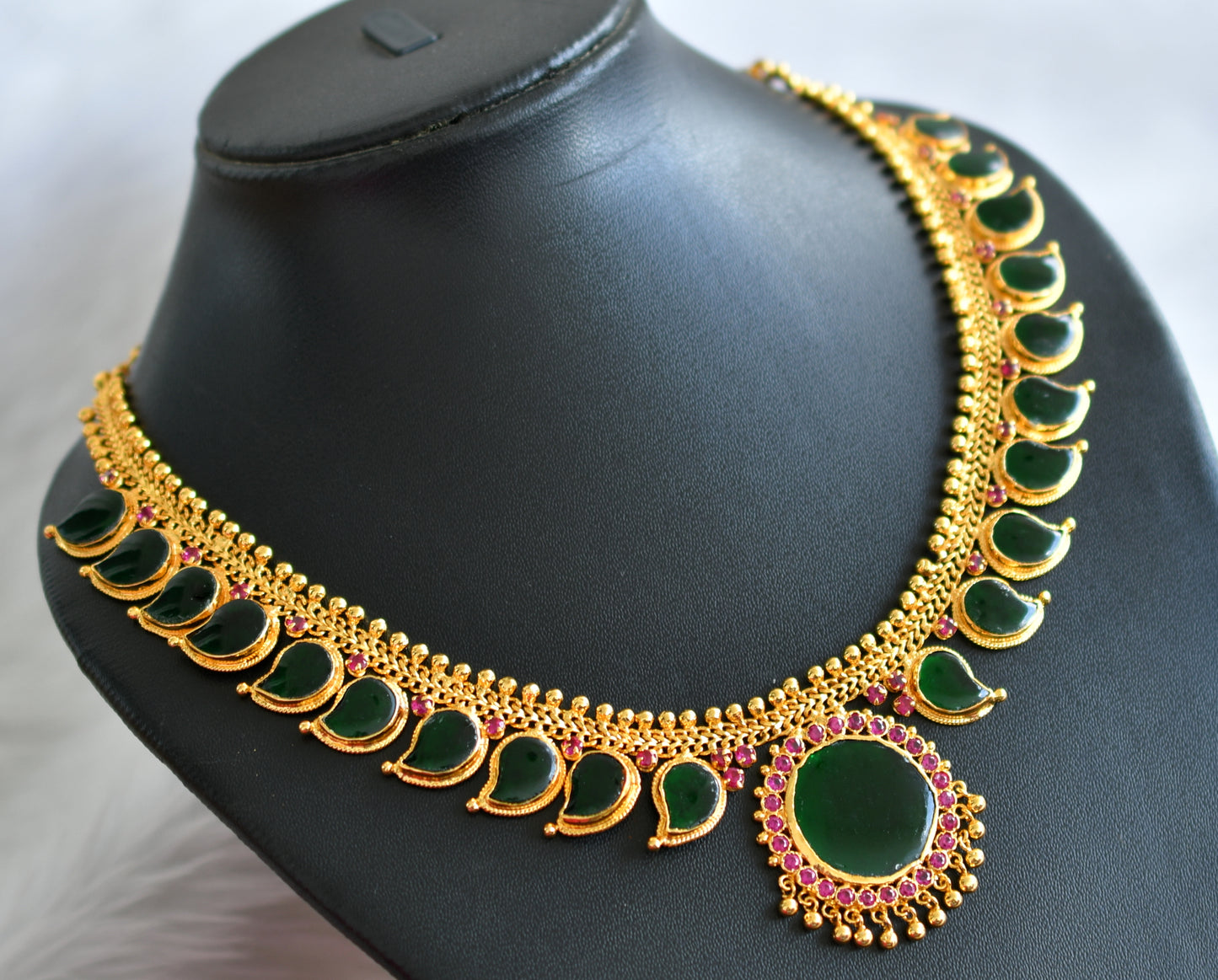 Gold look alike ad pink-green kerala style mango necklace dj-44623