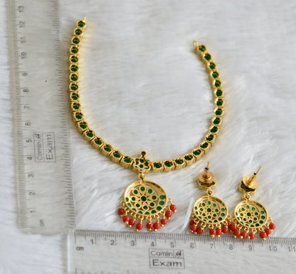 Gold tone coral-bottle green south indian style attigai necklace set dj-48390