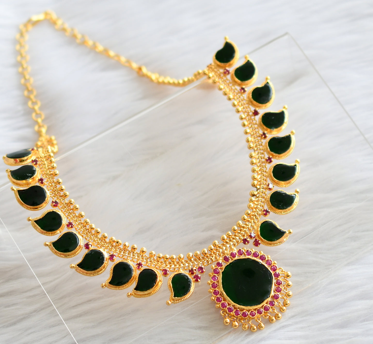 Gold look alike ad pink-green kerala style mango necklace dj-44623