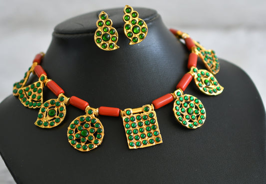 Gold tone coral-green saradu attigai necklace set dj-48412