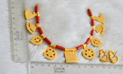 Gold tone coral-green saradu attigai necklace set dj-48412