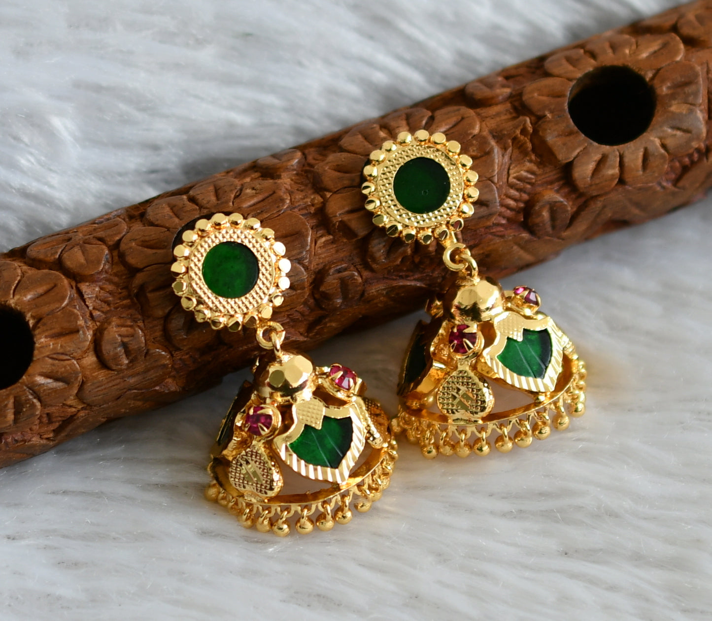 Gold tone kerala style pink-green 3 petals of palakka jhumkka dj-48027