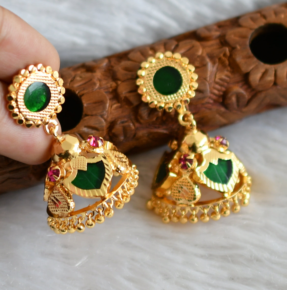 Gold tone kerala style pink-green 3 petals of palakka jhumkka dj-48027