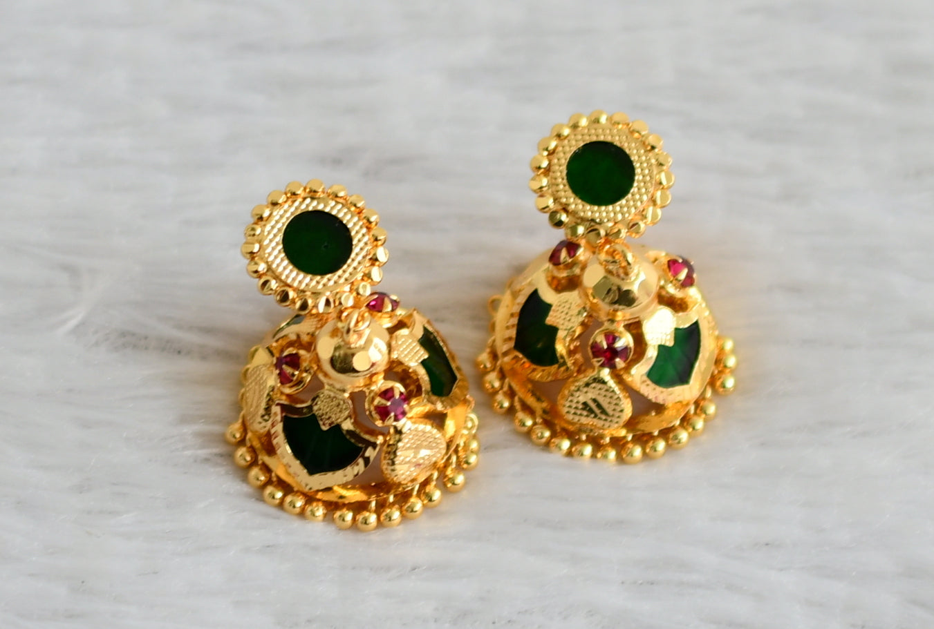 Gold tone kerala style pink-green 3 petals of palakka jhumkka dj-48027