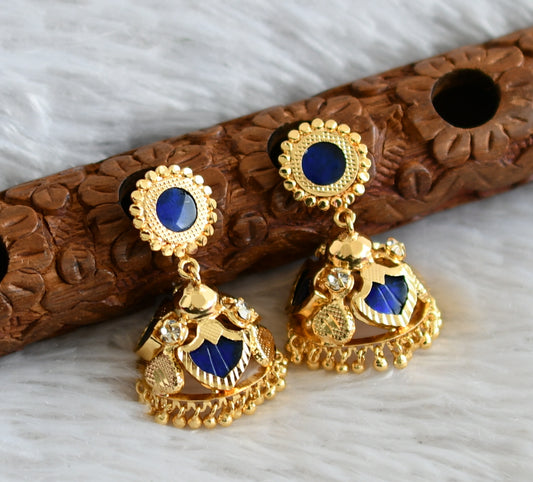 Gold tone kerala style blue-white 3 petals of palakka jhumkka dj-48028