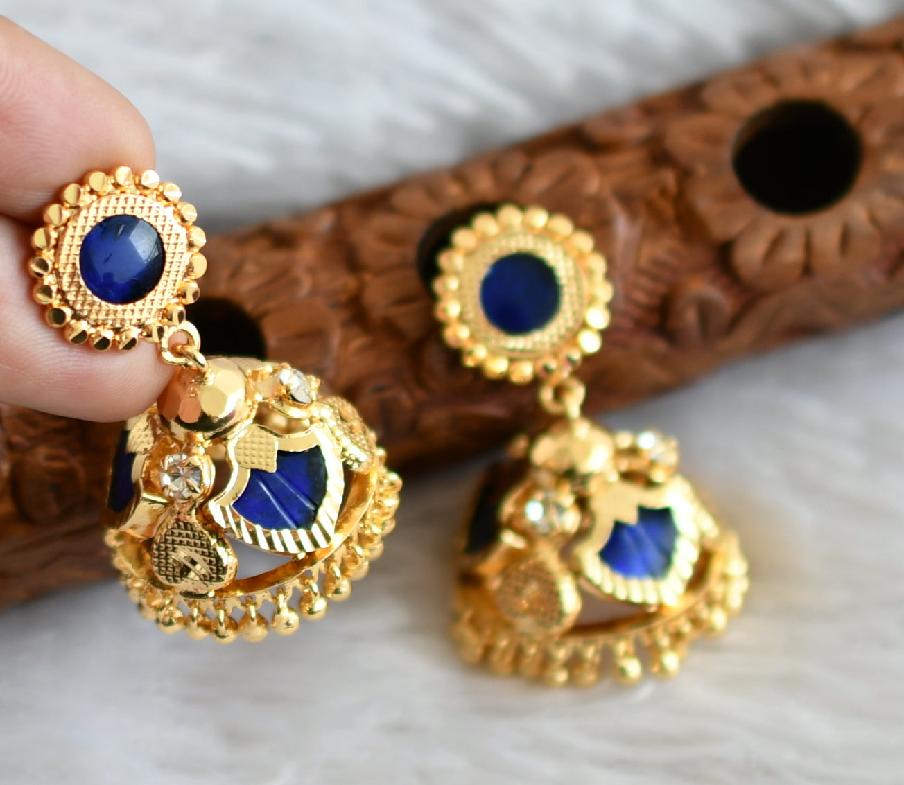 Gold tone kerala style blue-white 3 petals of palakka jhumkka dj-48028