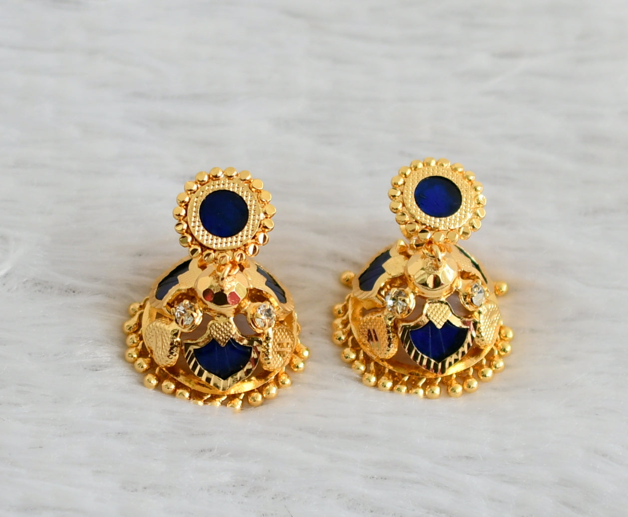 Gold tone kerala style blue-white 3 petals of palakka jhumkka dj-48028