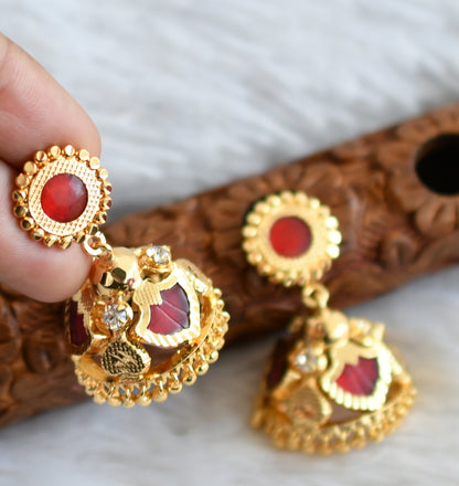 Gold tone kerala style red-white 3 petals of palakka jhumkka dj-48029