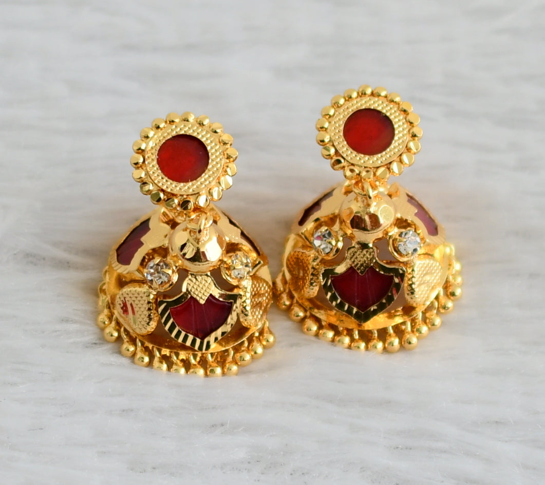 Gold tone kerala style red-white 3 petals of palakka jhumkka dj-48029