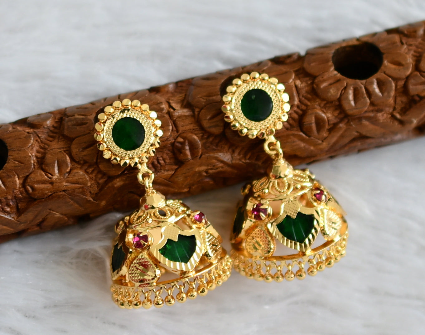 Gold tone kerala style pink-green 4 petals of palakka jhumkka dj-48030