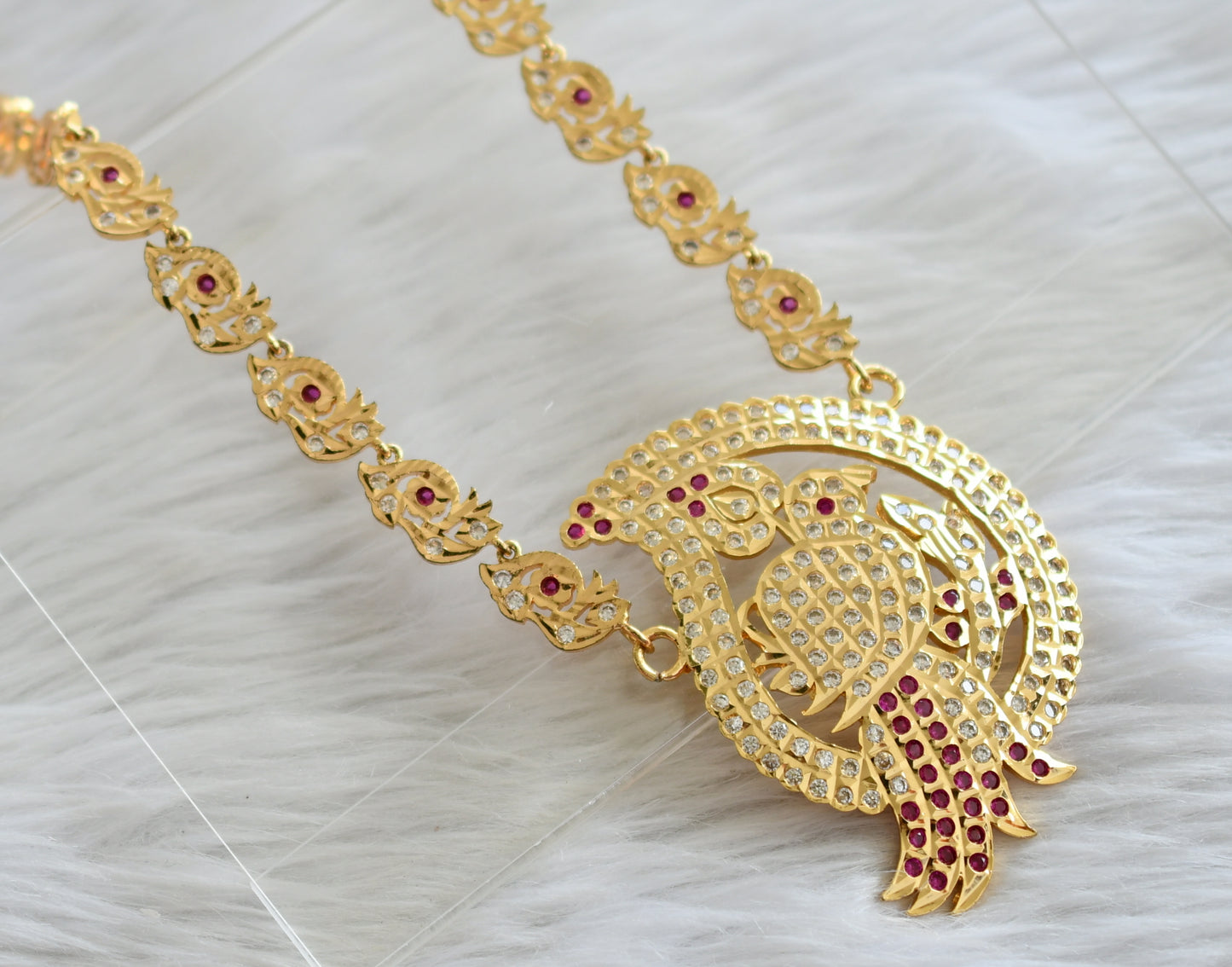 Gold tone ad pink-white peacock south indian haar dj-44631