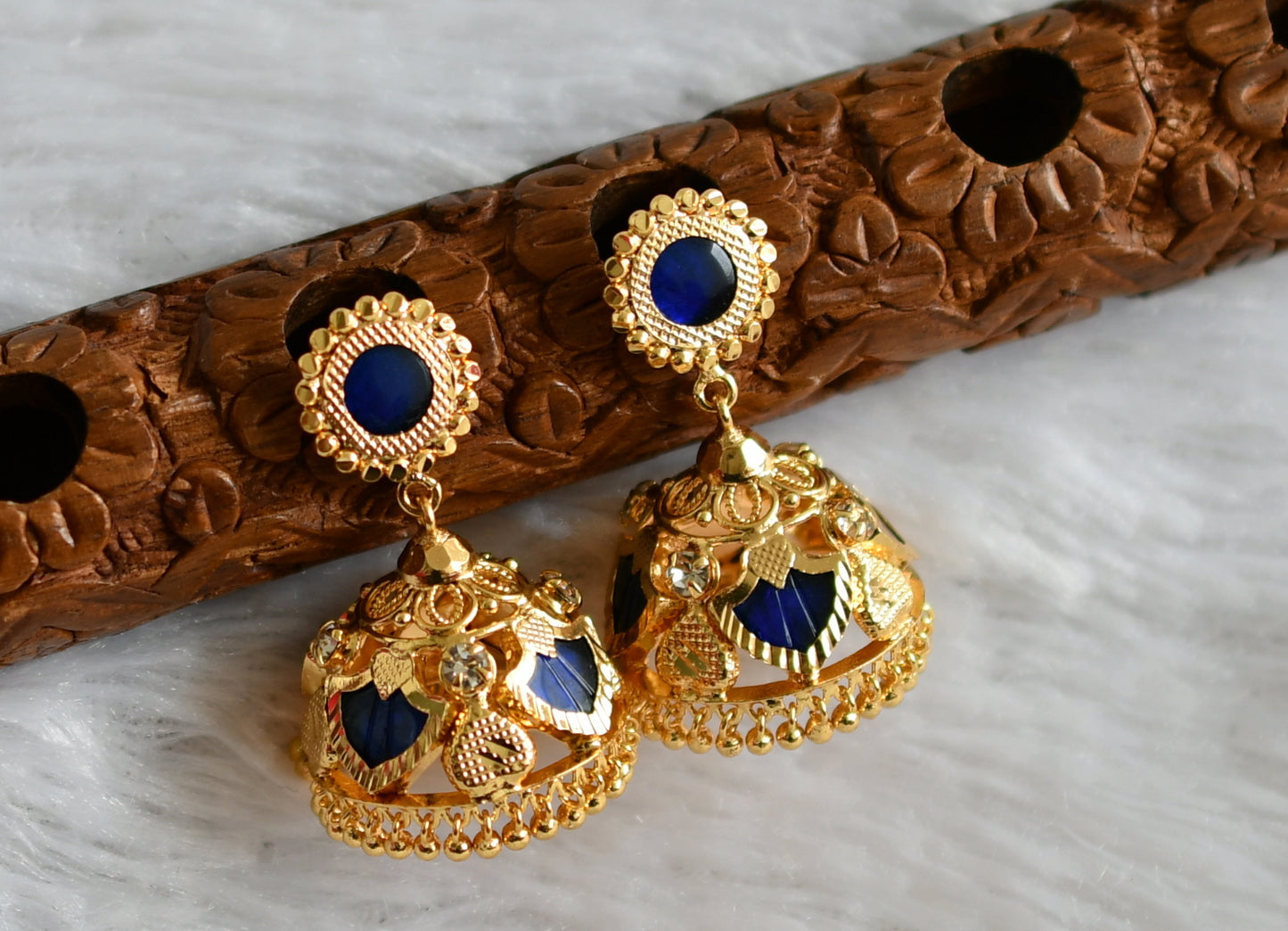 Gold tone kerala style blue-white 4 petals of palakka jhumkka dj-48031